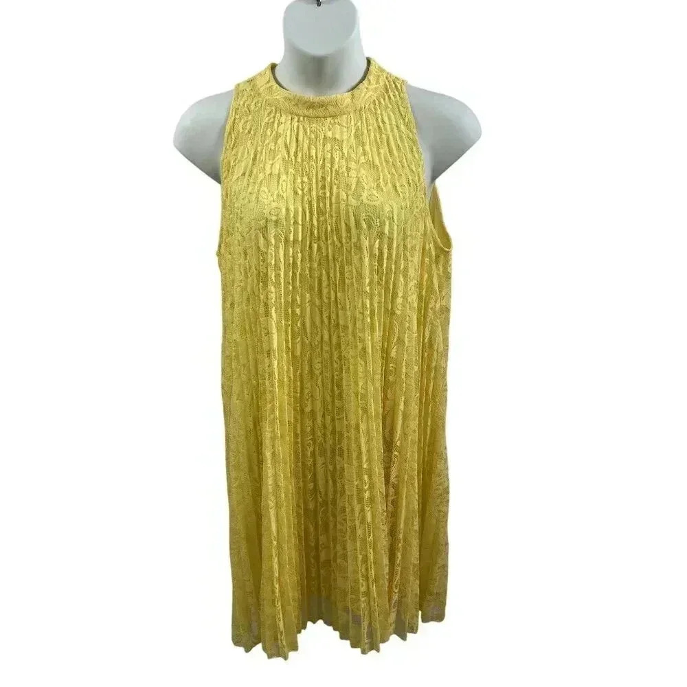 C Est.1946 Shift Dress XL Sleeveless Lined Pleated Yellow Lace Overlay Fairycore